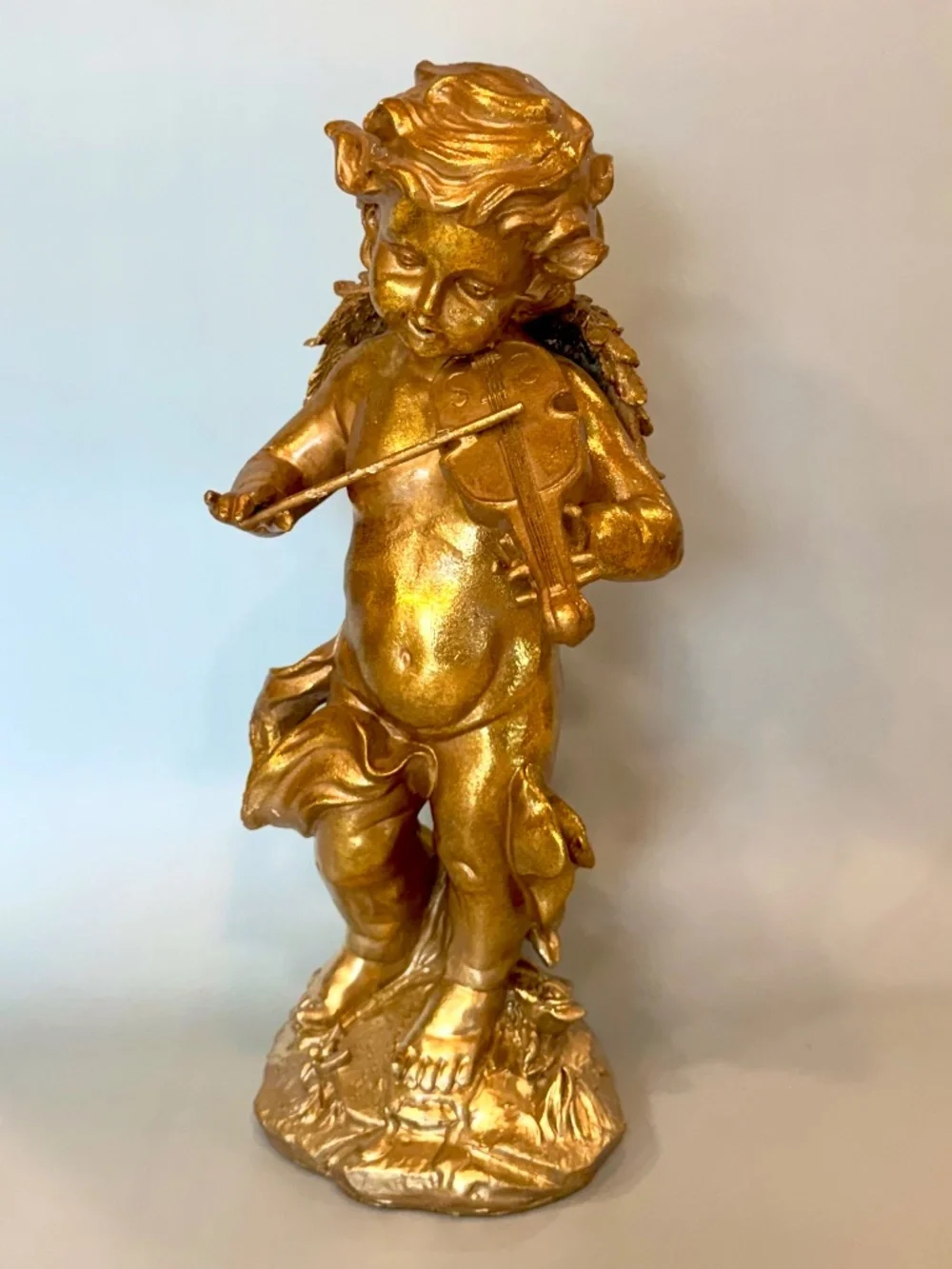 Vintage-Style Gold Cherub Angel Statue Playing Violin Resin Decor 15.5” Large